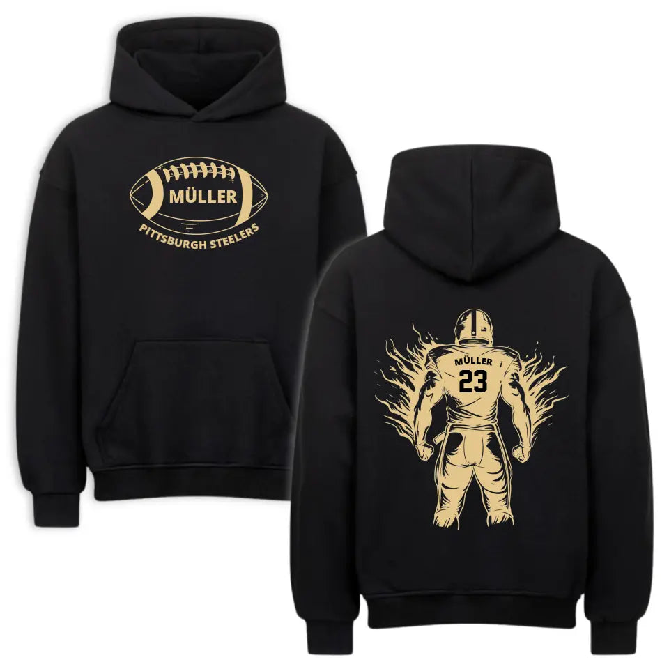 "Football Fighter" Oversized Hoodie Front/Back schwarz (personalisierbar) - cheerwear