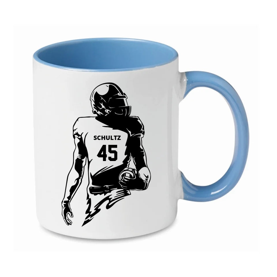 Personalisierbare Football Tasse weiß/blau