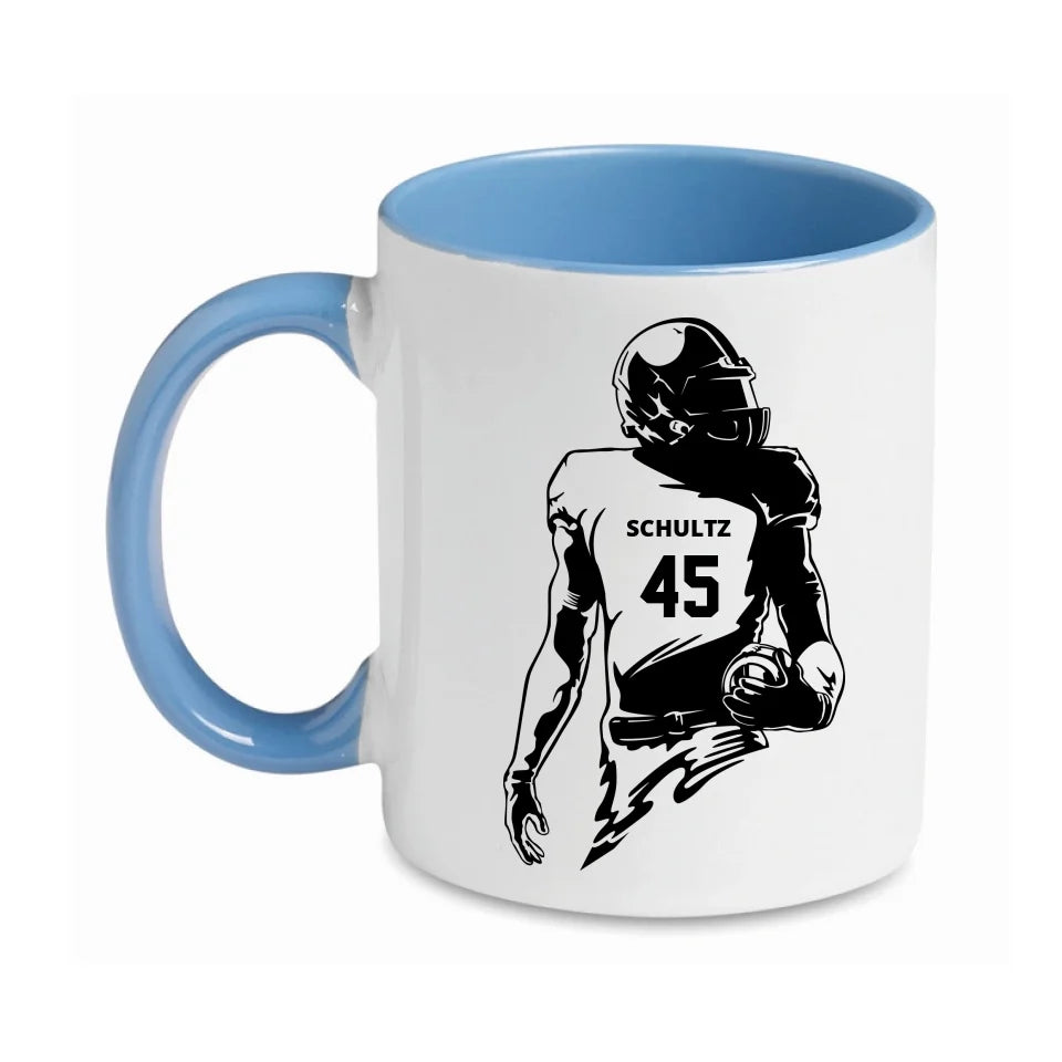 Personalisierbare Football Tasse weiß/blau