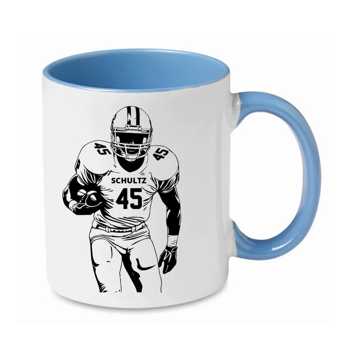 Personalisierbare Football Tasse weiß/blau