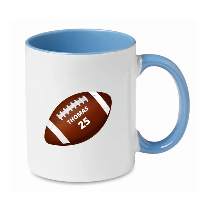 Personalisierbare Football Tasse weiß/blau