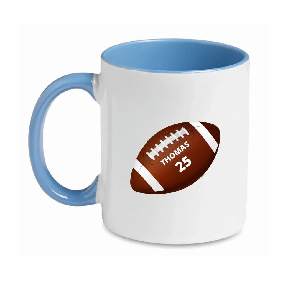 Personalisierbare Football Tasse weiß/blau