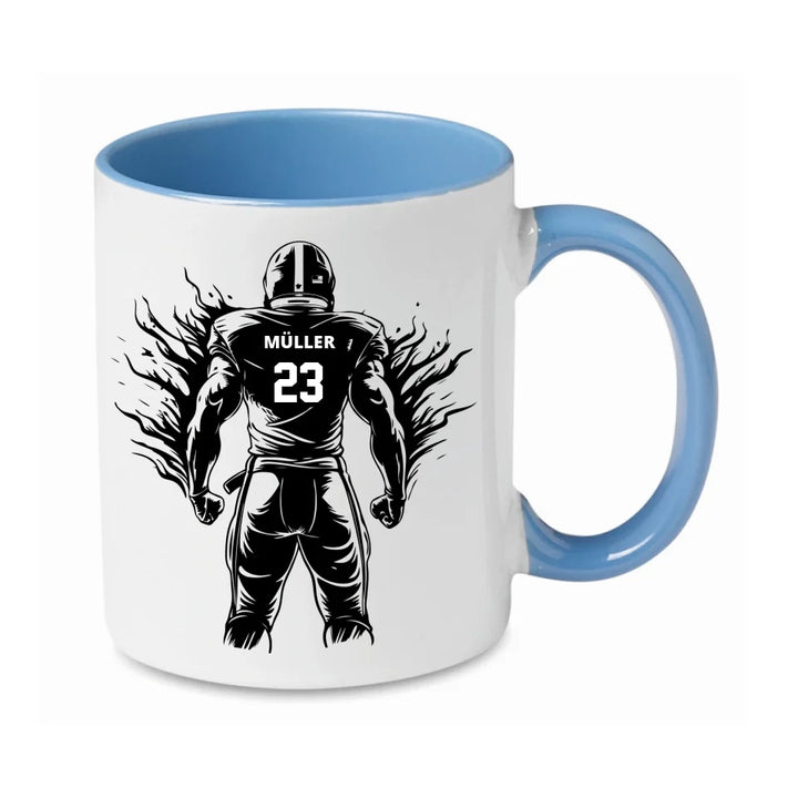 Personalisierbare Football Tasse Weiß/Hellblau