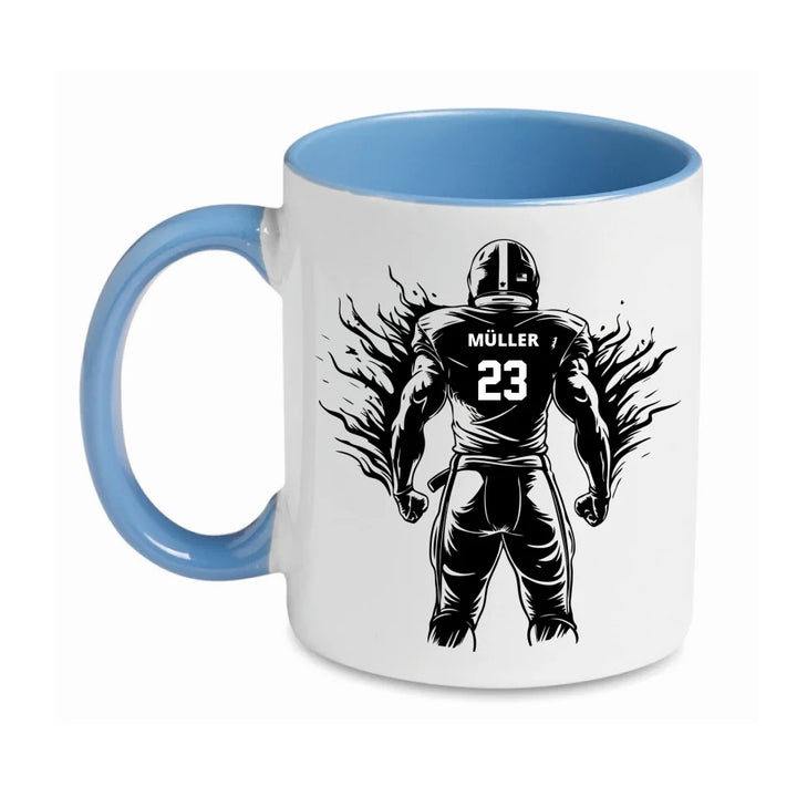 Personalisierbare Football Tasse Weiß/Hellblau