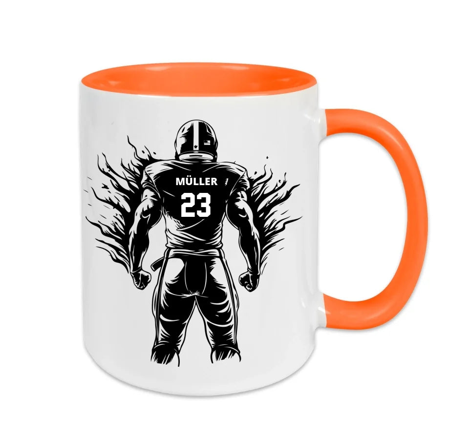 Personalisierbare Football Tasse Weiß/Orange