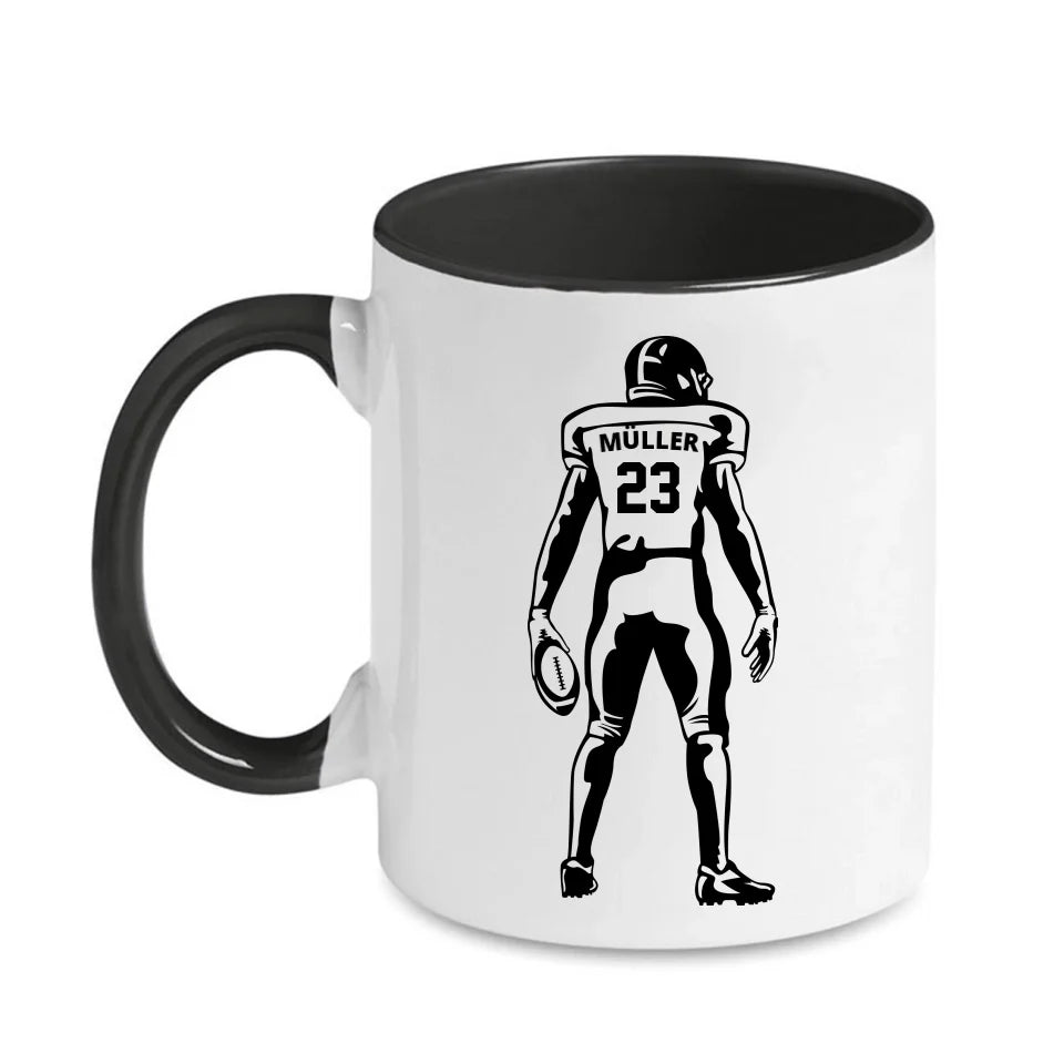 Personalisierbare Football Tasse weiß/schwarz