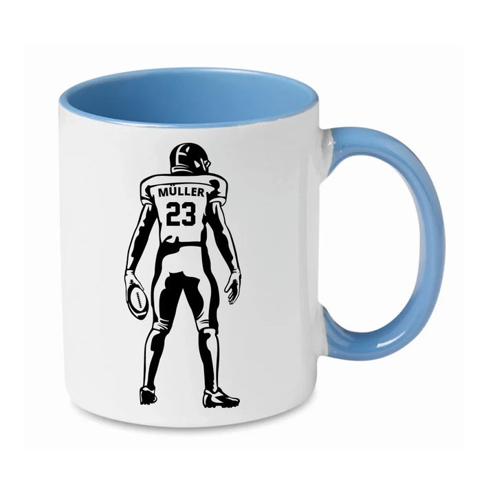 Personalisierbare Football Tasse weiß/blau