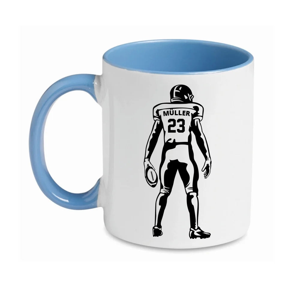 Personalisierbare Football Tasse weiß/blau