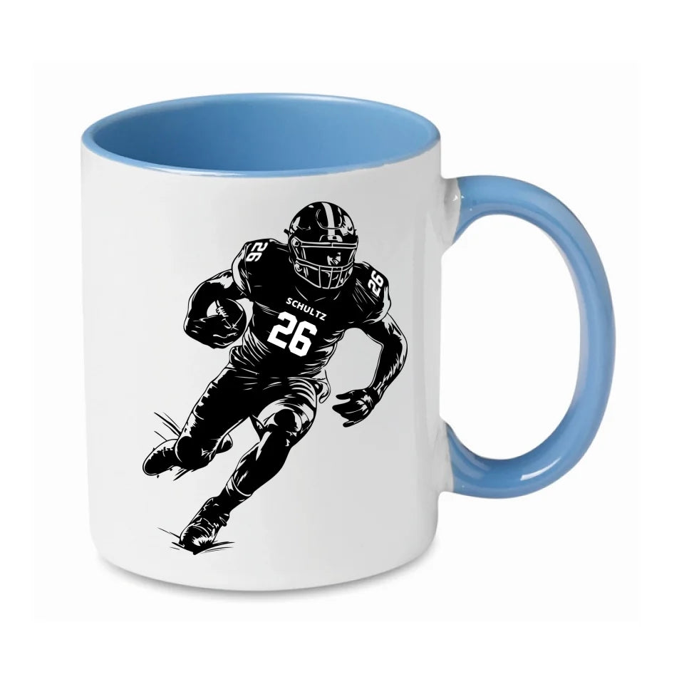 Personalisierbare Football Tasse weiß/blau